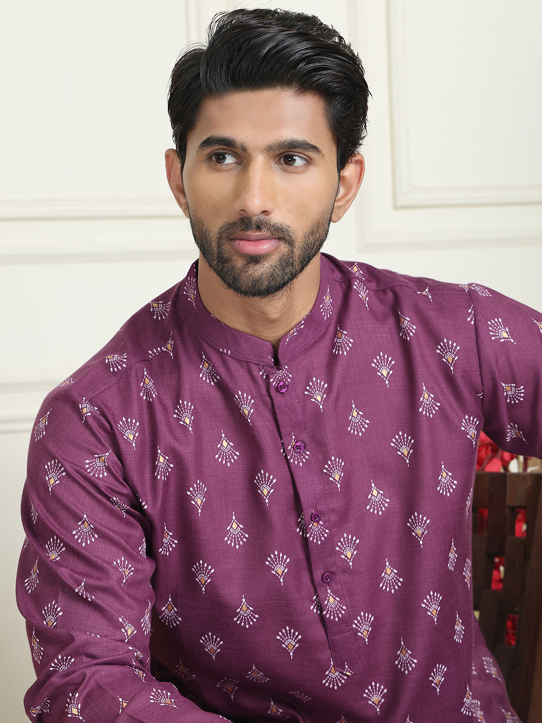 Printed Cotton Blend Kurtas for Men ( AAMKKO 236Purple )