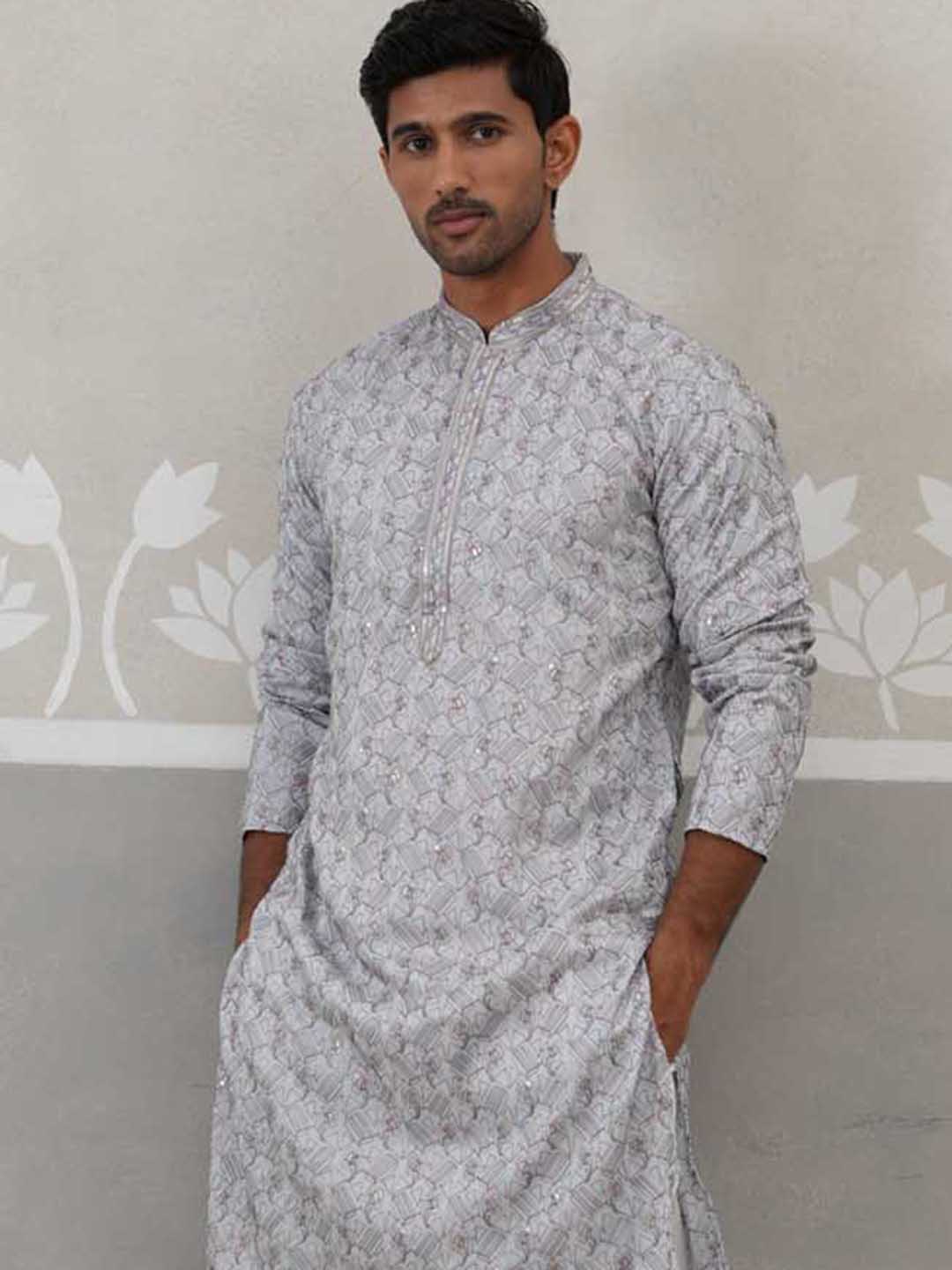 Embroidered Straight Kurta with Pyjamas for Men ( ANMKP 237Grey )  [RT] [B-2]