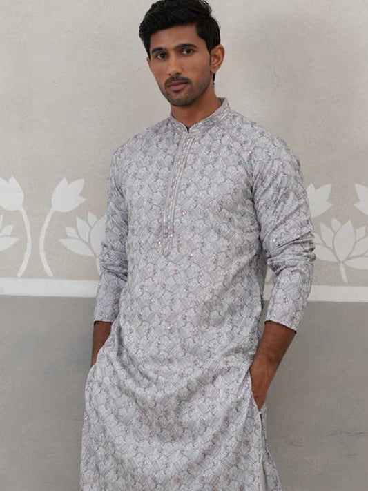 Embroidered Straight Kurta with Pyjamas for Men ( ANMKP 237Grey )  [RT] [B-2]