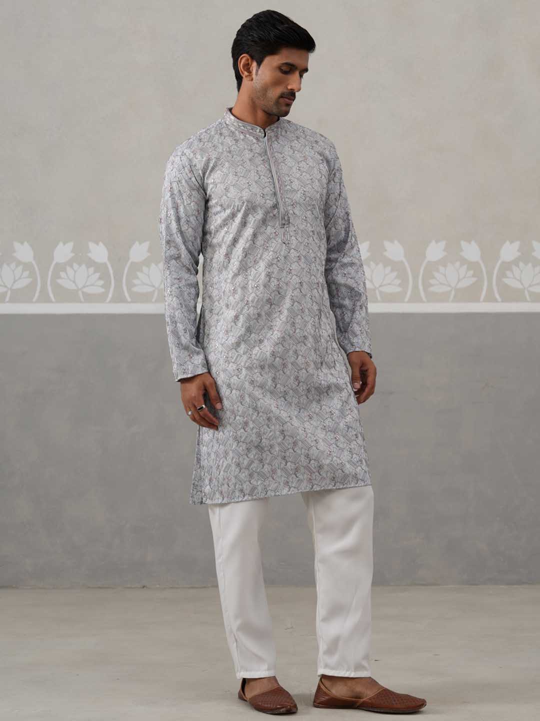 Embroidered Straight Kurta with Pyjamas for Men ( ANMKP 237Grey )  [RT] [B-2]