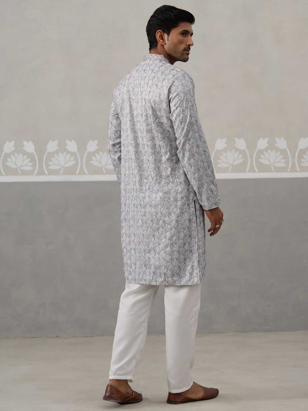 Embroidered Straight Kurta with Pyjamas for Men ( ANMKP 237Grey )  [RT] [B-2]