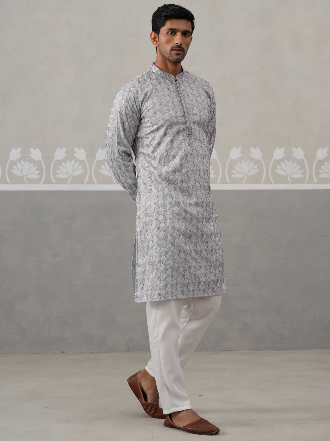 Embroidered Straight Kurta with Pyjamas for Men ( ANMKP 237Grey )  [RT] [B-2]