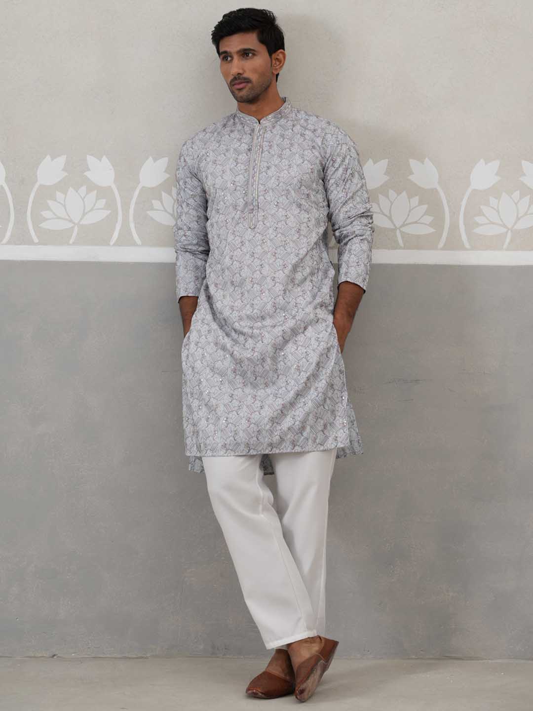 Embroidered Straight Kurta with Pyjamas for Men ( ANMKP 237Grey )  [RT] [B-2]