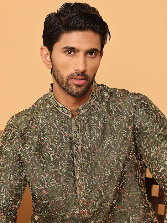 Embroidered Straight Kurtas for Men ( ANMKO 237Olive )  [RT] [B-2]