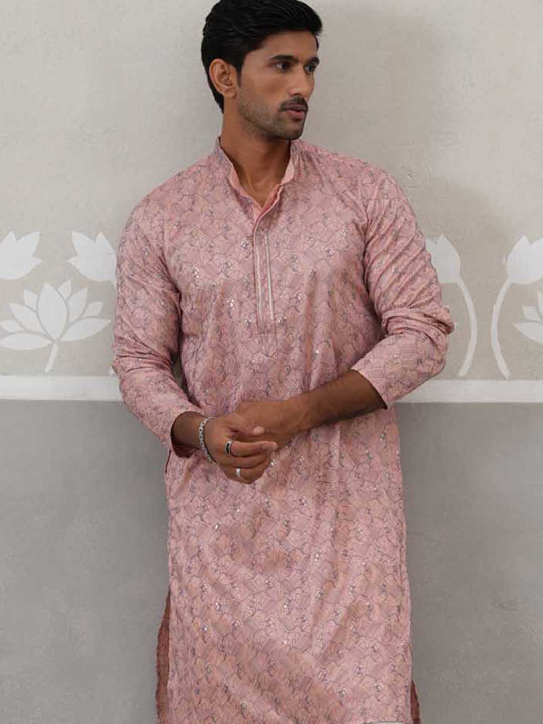 Embroidered Straight Kurta with Pyjamas for Men ( ANMKP 237Peach )  [RT] [B-2]