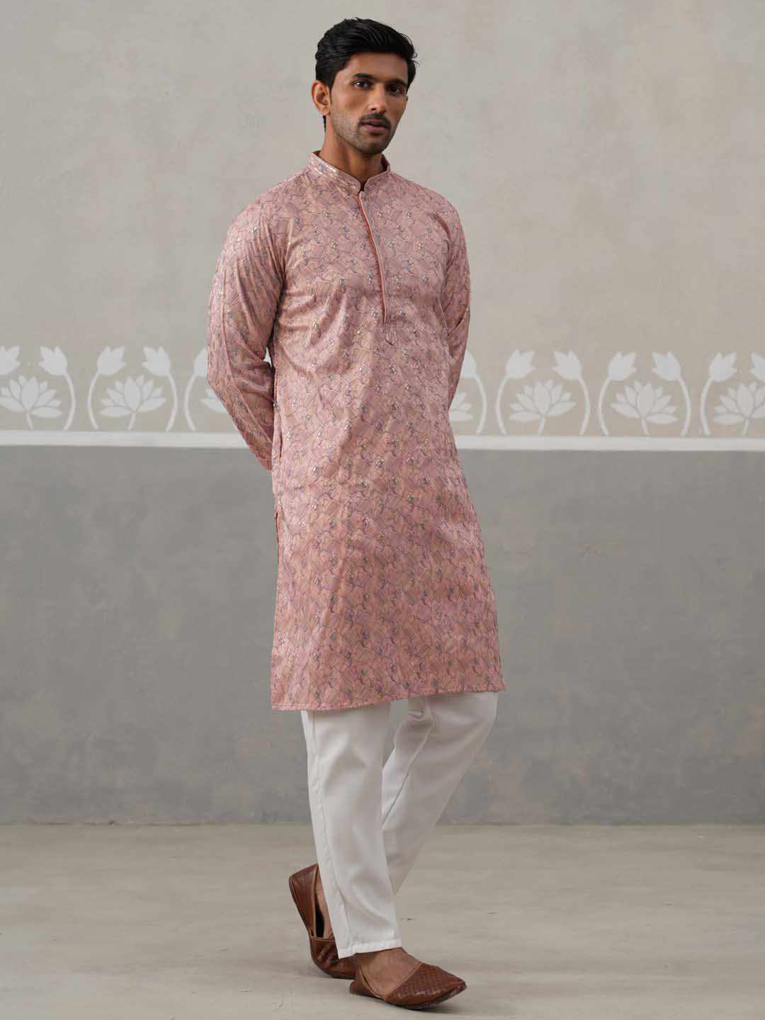 Embroidered Straight Kurta with Pyjamas for Men ( ANMKP 237Peach )  [RT] [B-2]