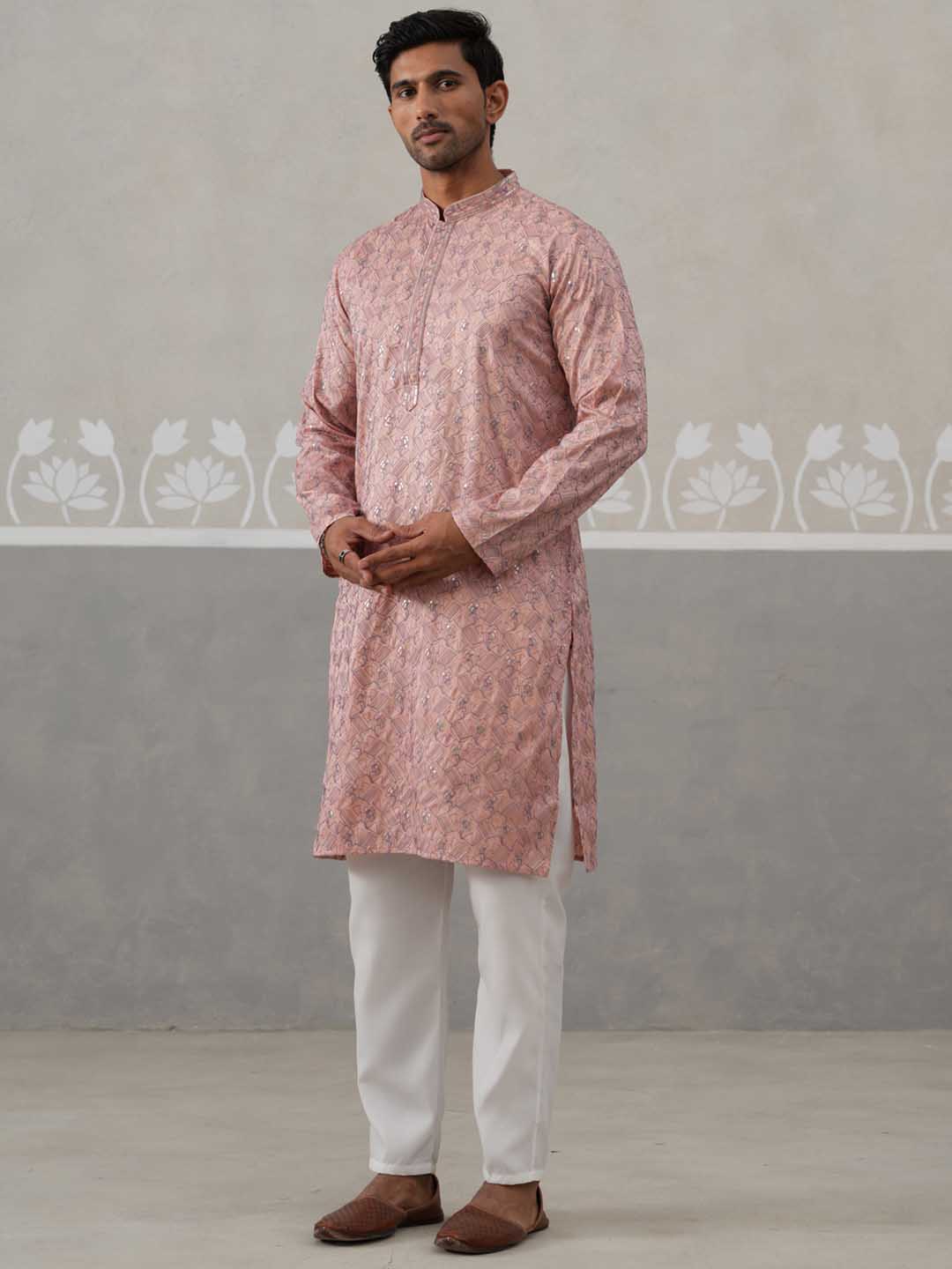 Embroidered Straight Kurta with Pyjamas for Men ( ANMKP 237Peach )  [RT] [B-2]