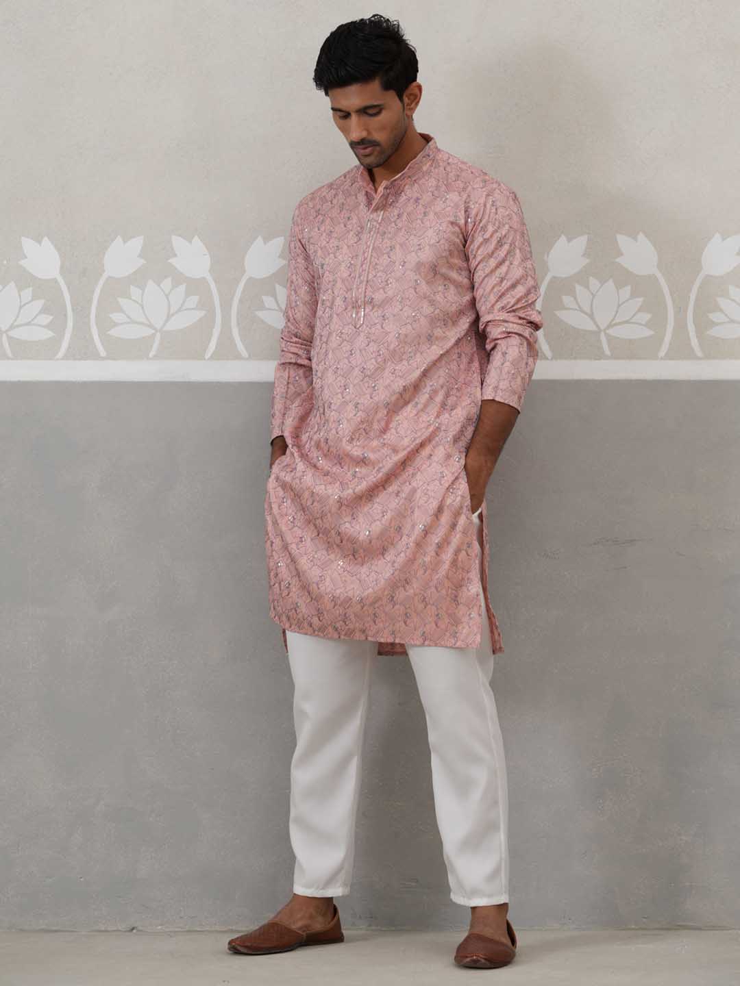 Embroidered Straight Kurta with Pyjamas for Men ( ANMKP 237Peach )  [RT] [B-2]