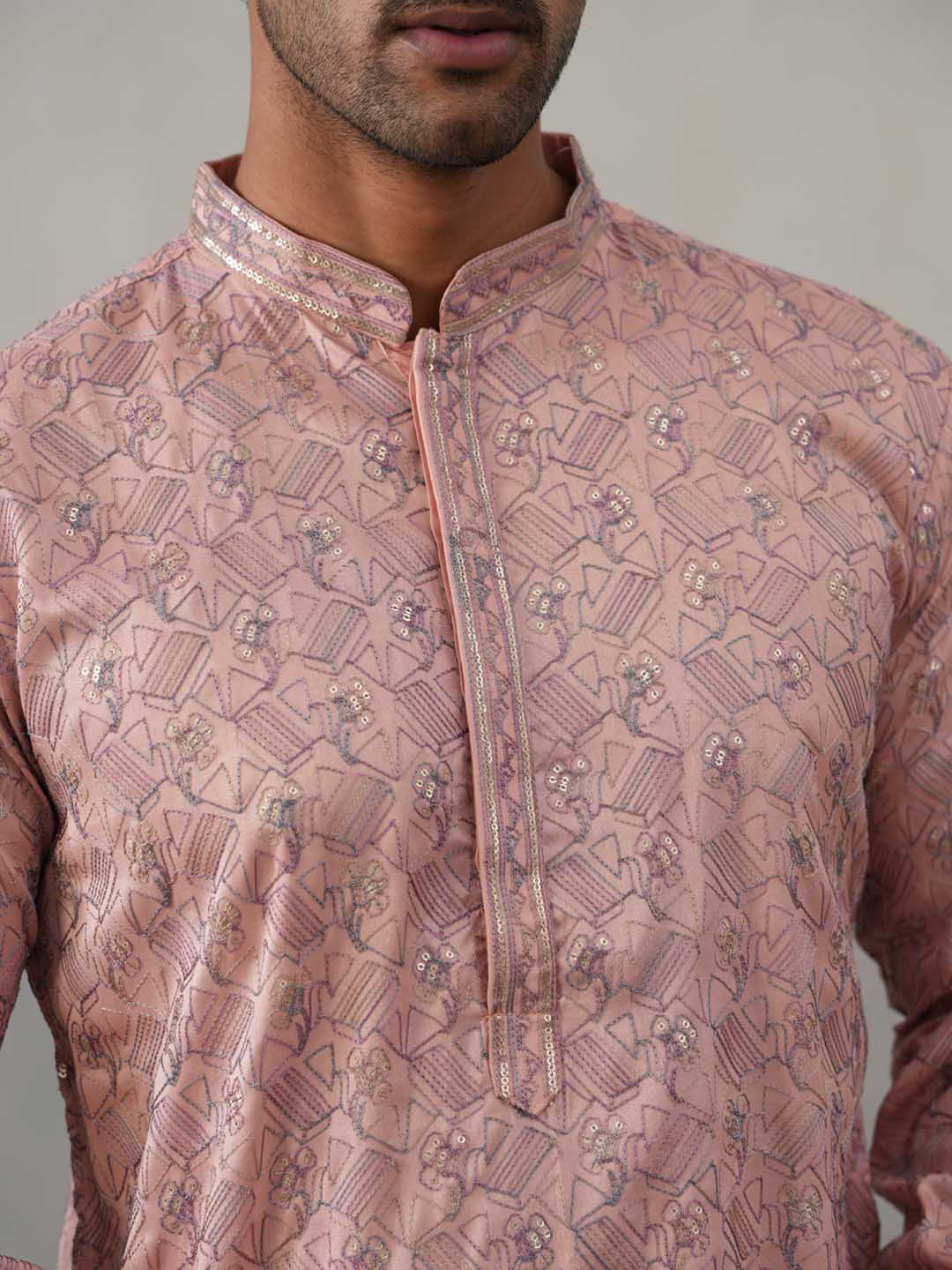 Embroidered Straight Kurta with Pyjamas for Men ( ANMKP 237Peach )  [RT] [B-2]