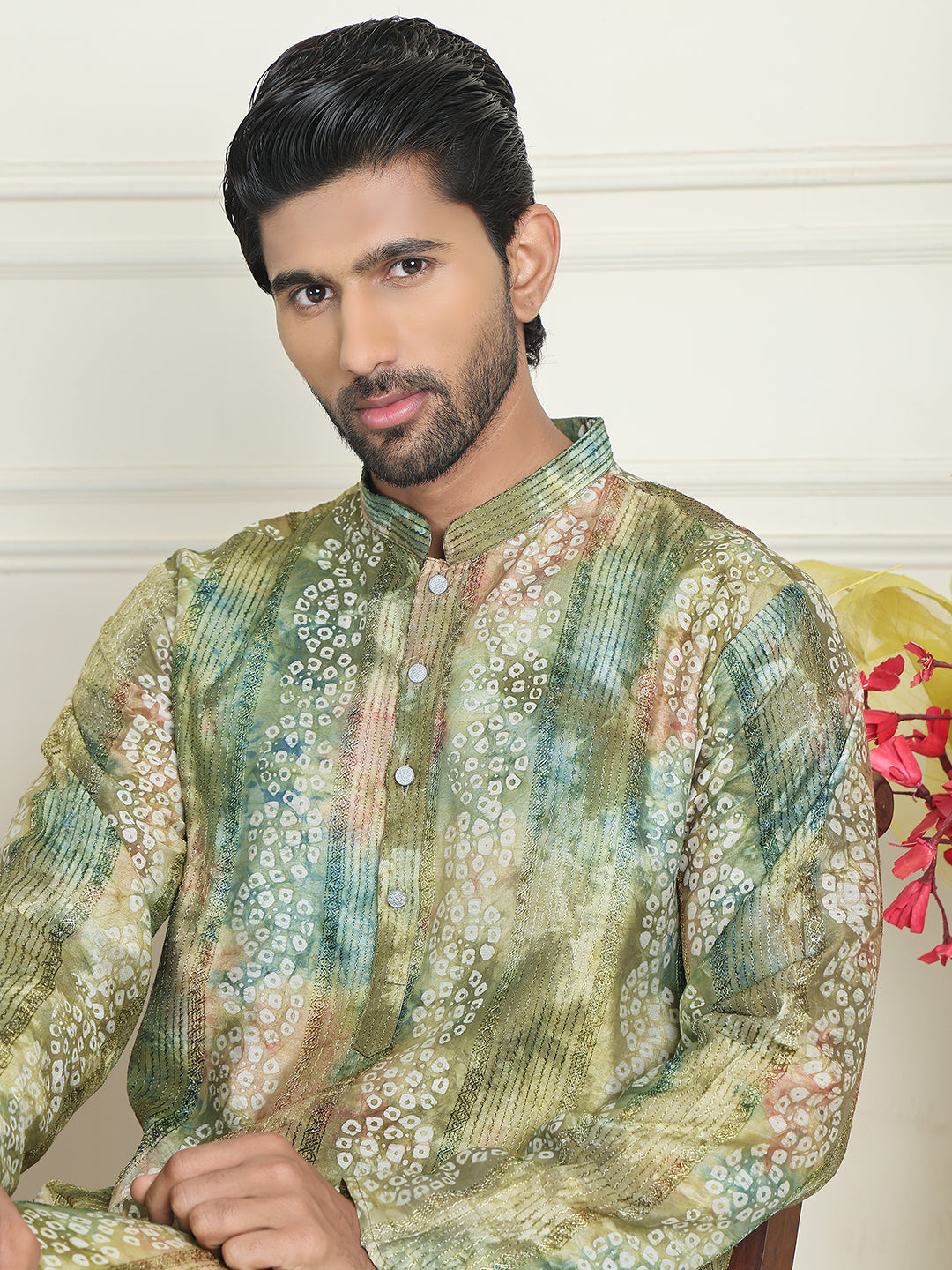 Batik Print Straight Kurtas for Men ( ANMKO 238Green )  [RT] [P-13]