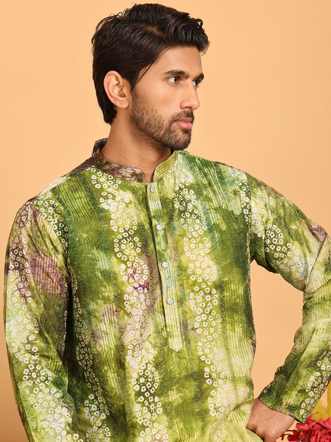 Batik Print Straight Kurtas for Men ( ANMKO 238Olive )  [RT] [P-13]