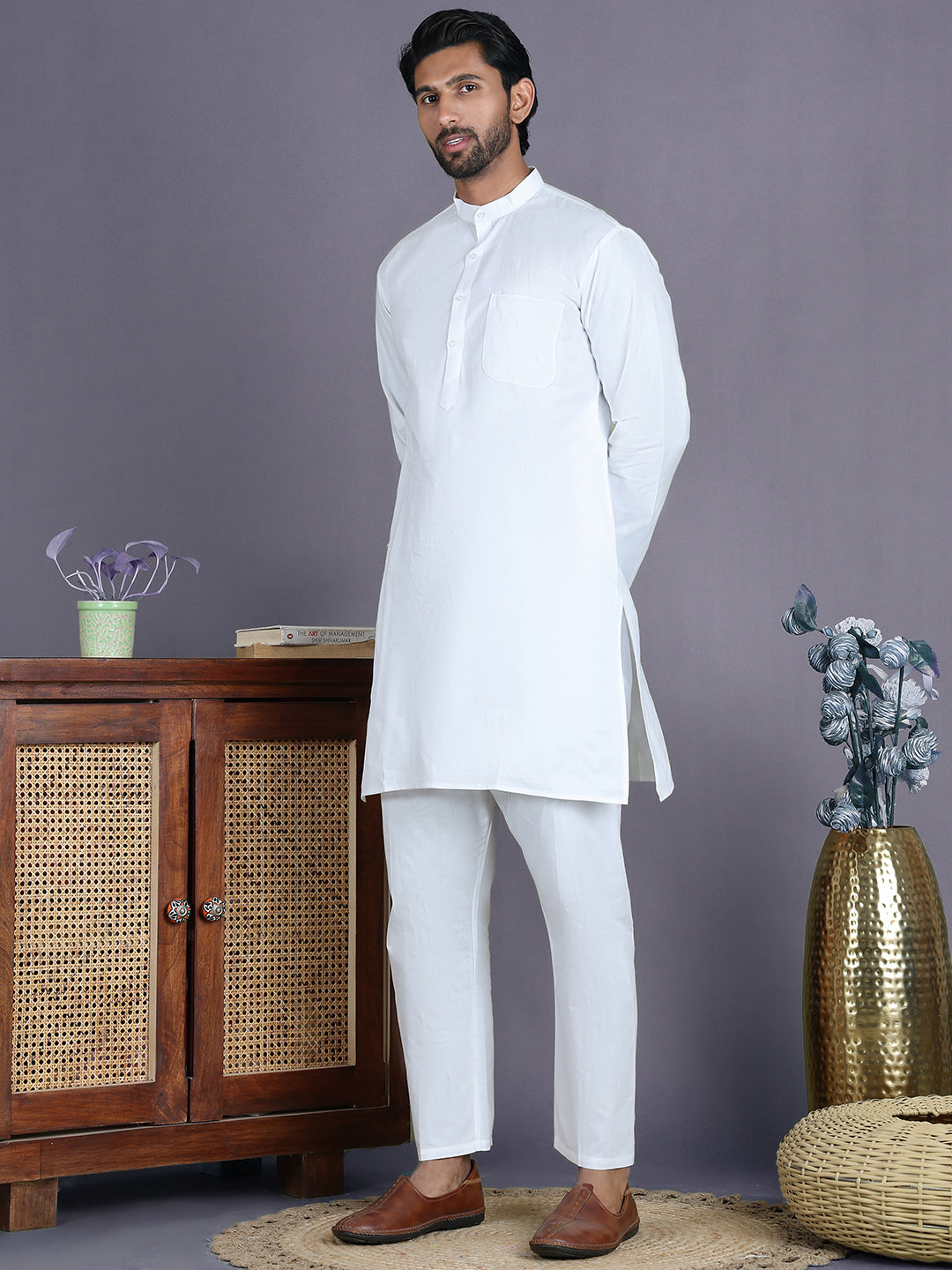 White Solid Kurta with Pyjama. ( ANMKP 247White )  [RT] [H-1]