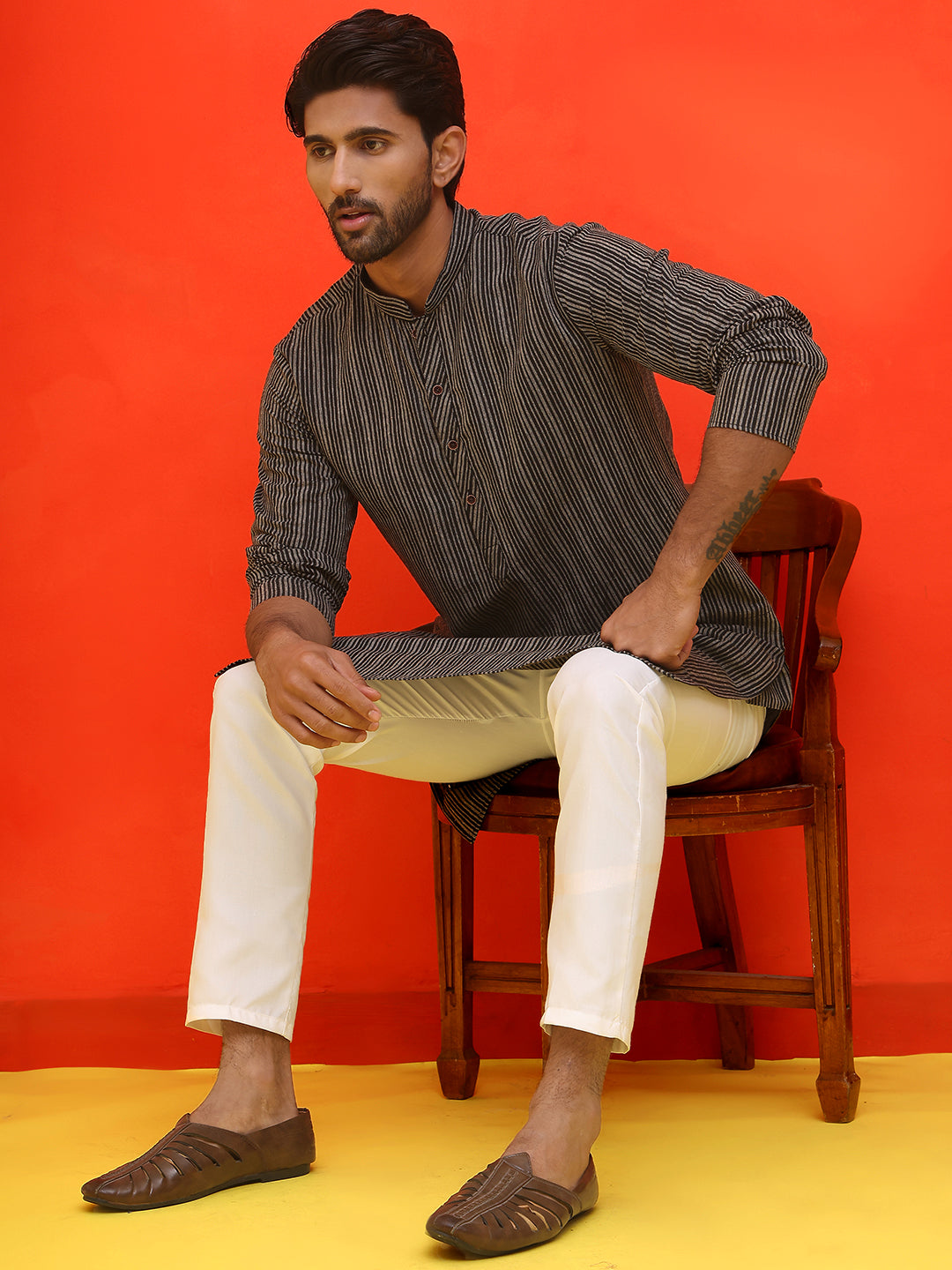Striped Straight Kurta For Men. ( ANMKO 250Black )  [RT] [P-14]