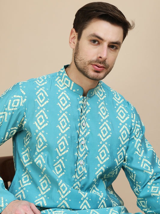 Geometric Print Silk Blend Kurtas. ( ANMKO 254Blue ) [RT] [P-11]