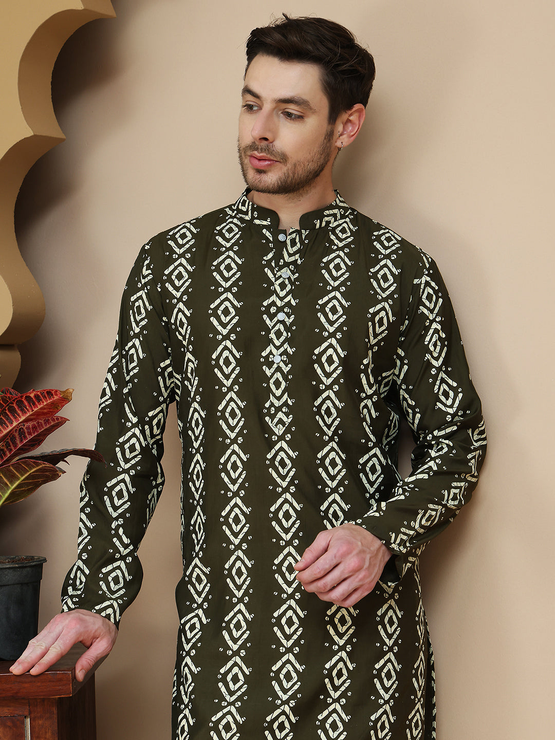 Geometric Print Silk Blend Kurtas. ( ANMKO 254Mehndi ) [RT] [P-11]
