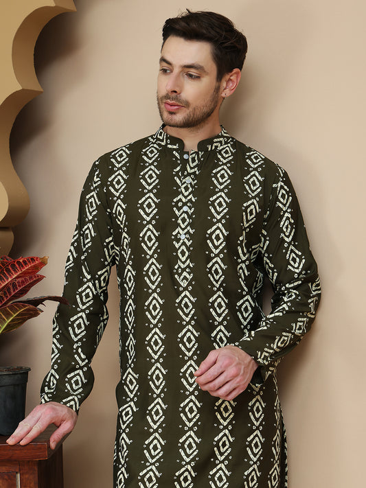 Geometric Print Silk Blend Kurtas. ( ANMKO 254Mehndi ) [RT] [P-11]