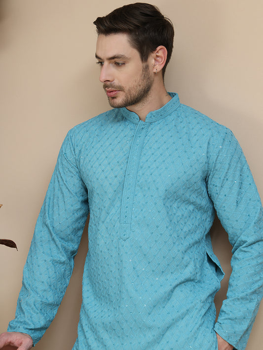 Embroidered Cotton Kurtas for Men ( ANMKO 255Blue )  [RT] [K-2]