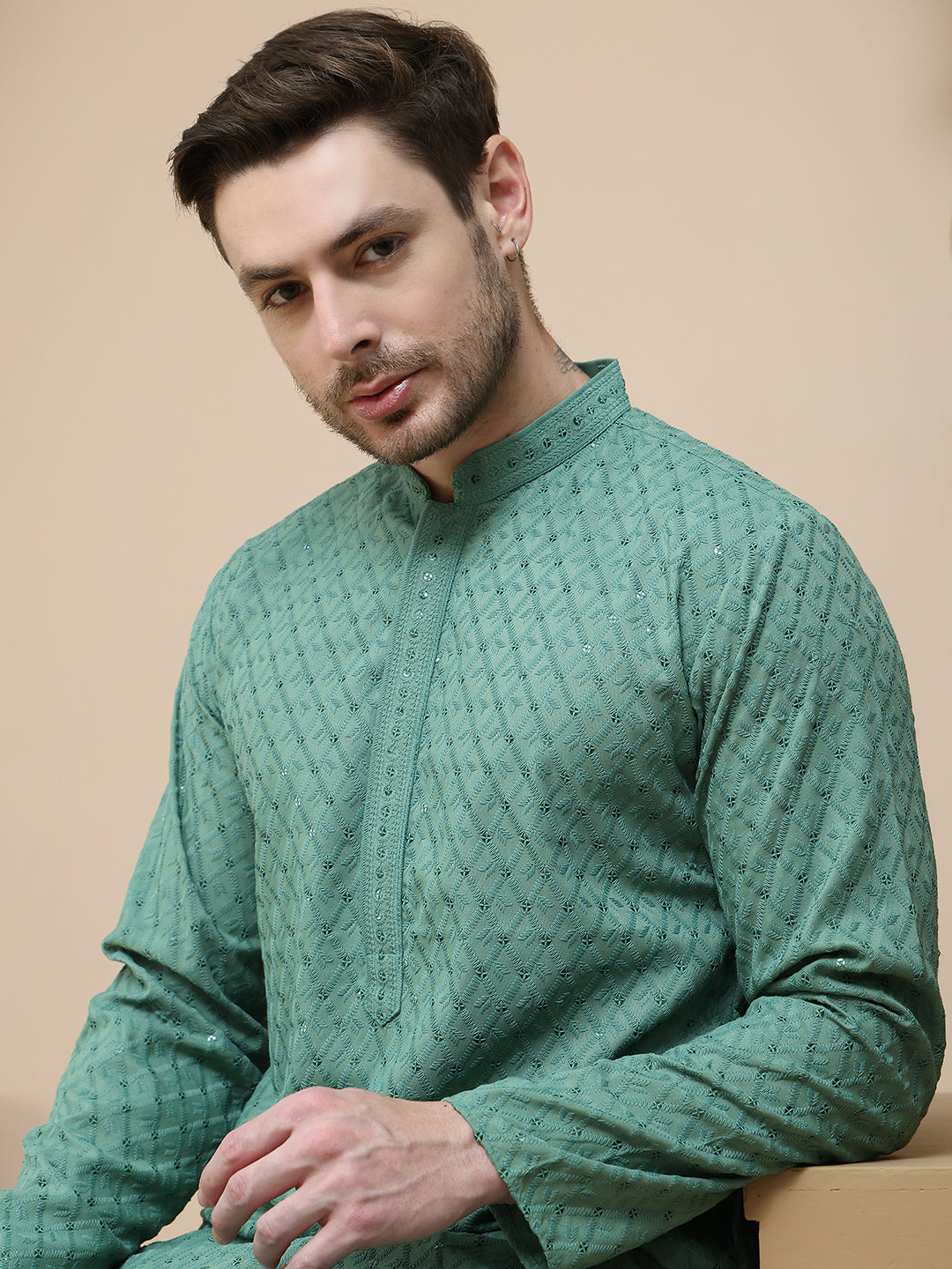Embroidered Cotton Kurtas for Men ( ANMKO 255Sea-Green )  [RT] [K-2]