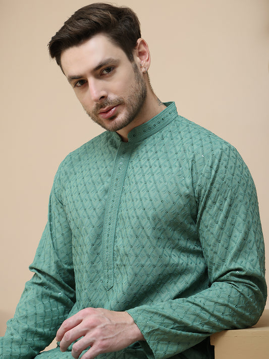 Embroidered Cotton Kurtas for Men ( ANMKO 255Sea-Green )  [RT] [K-2]