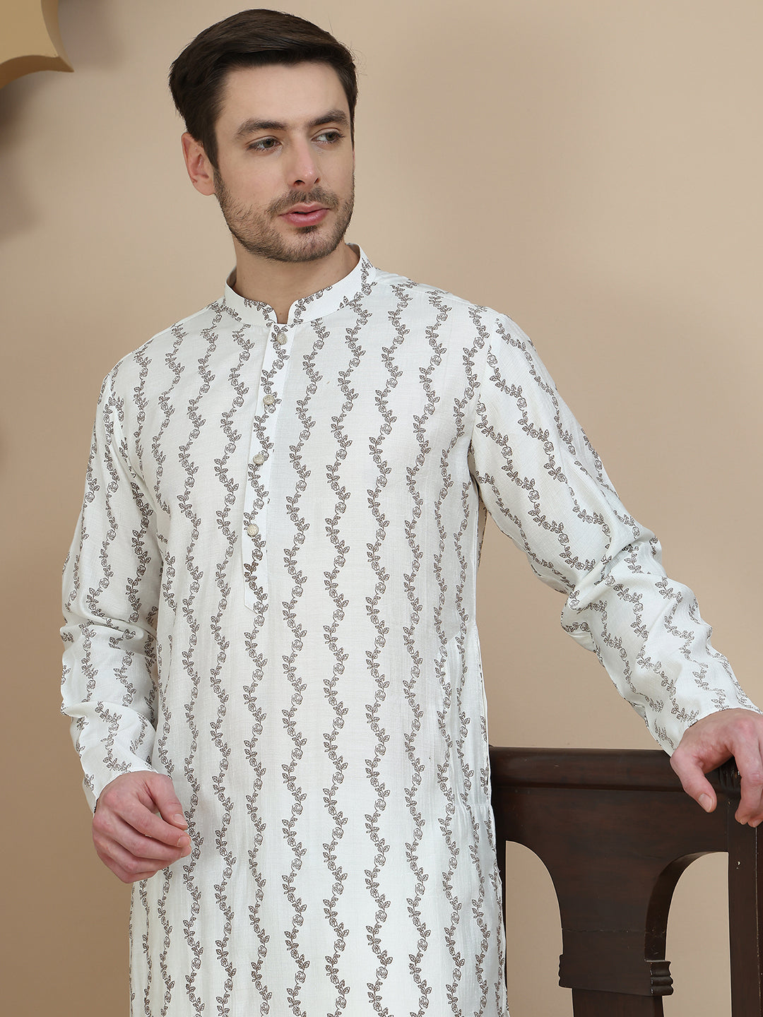 Printed Silk Blend Kurtas for Men ( ANMKO 257White )  [RT] [P-10]