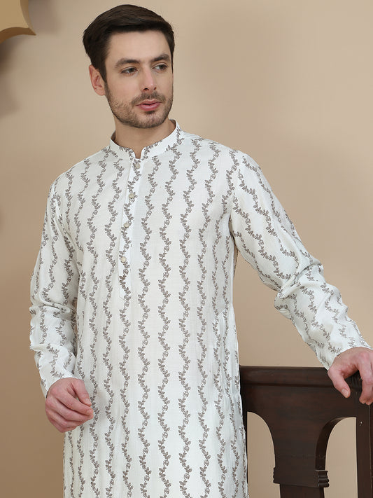 Printed Silk Blend Kurtas for Men ( ANMKO 257White )  [RT] [P-10]