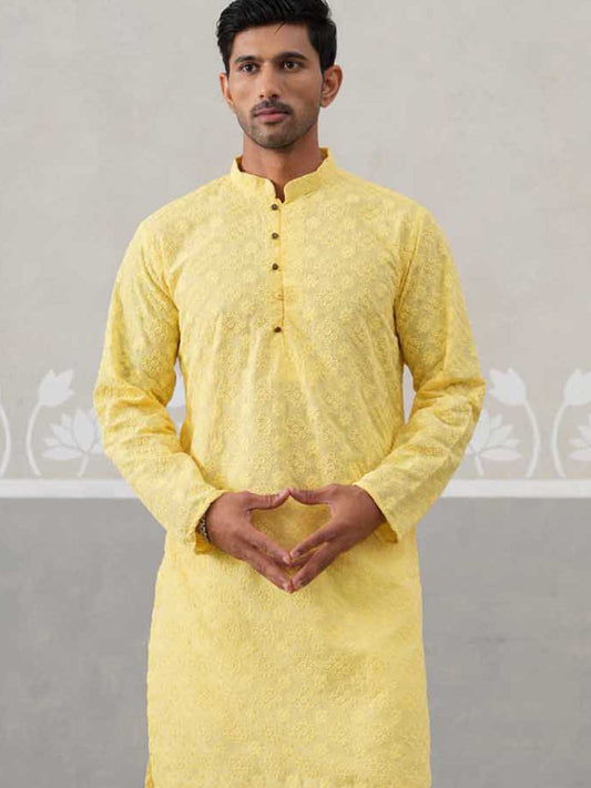 Embroidered Cotton Kurta with Pyjama ( ANMKP 258Lemon )  [RT] [P-10]