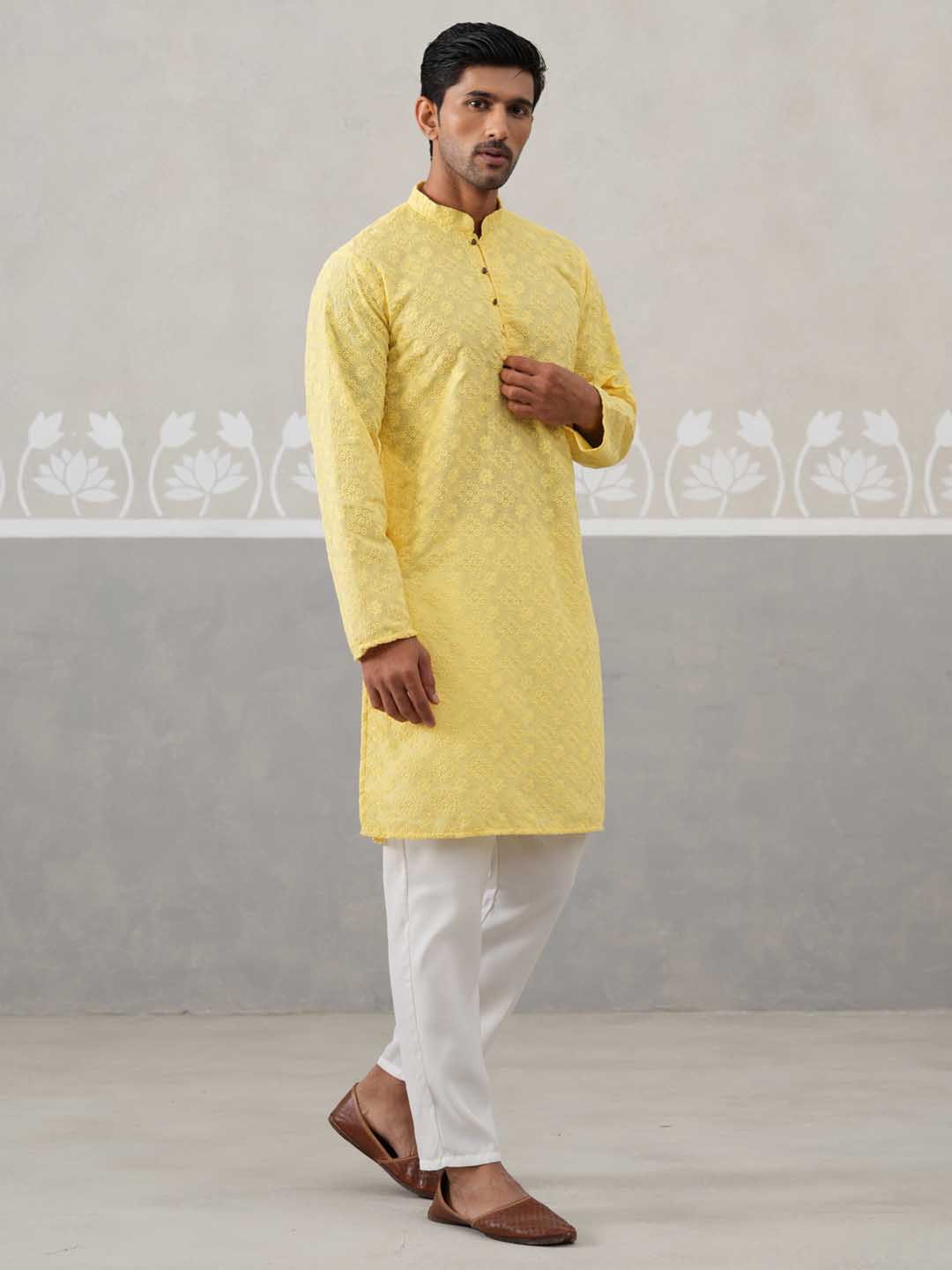 Embroidered Cotton Kurta with Pyjama ( ANMKP 258Lemon )  [RT] [P-10]
