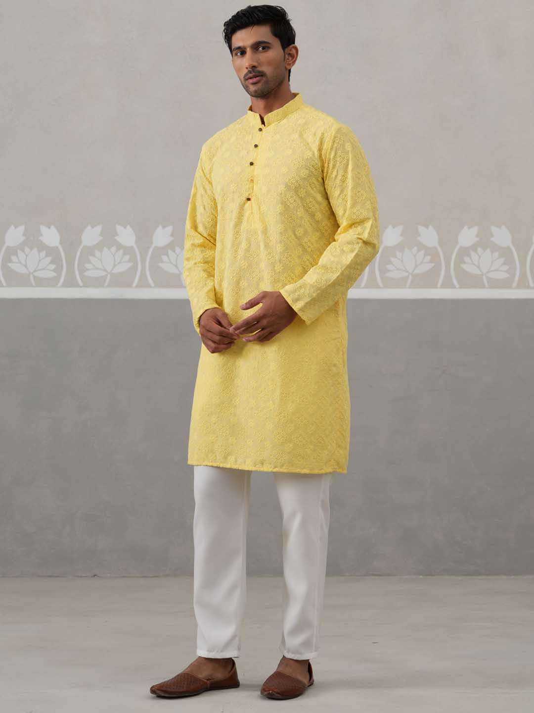 Embroidered Cotton Kurta with Pyjama ( ANMKP 258Lemon )  [RT] [P-10]