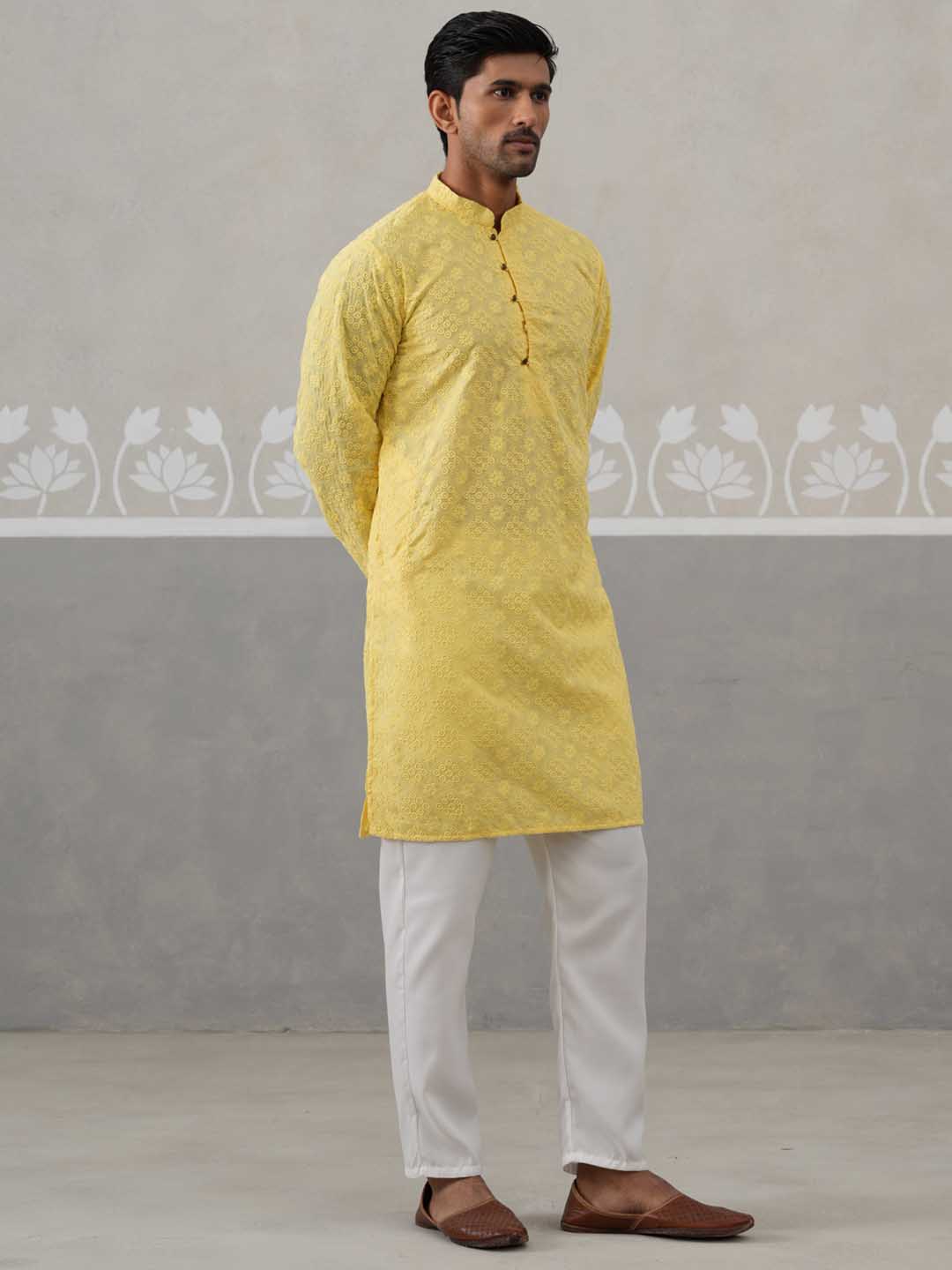Embroidered Cotton Kurta with Pyjama ( ANMKP 258Lemon )  [RT] [P-10]