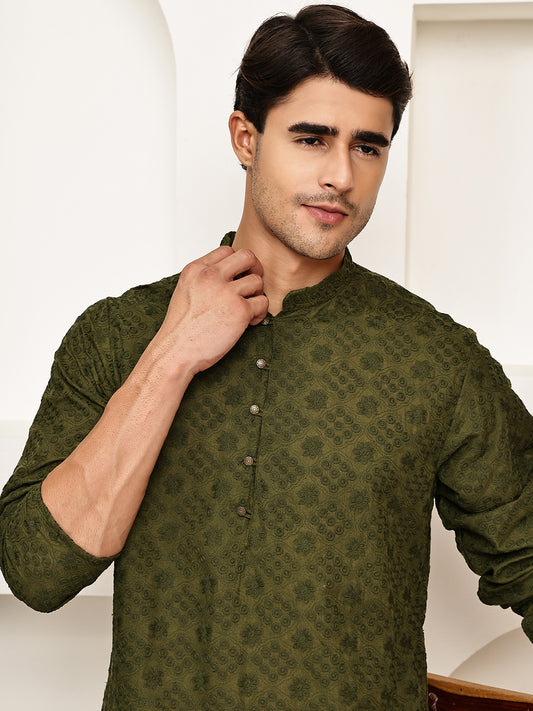 Embroidered Cotton Kurtas ( ANMKO 258Olive )  [RT] [P-10]