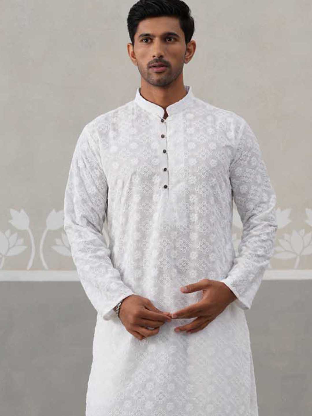 Embroidered Cotton Kurta with Pyjama ( ANMKP 258White )  [RT] [P-10]