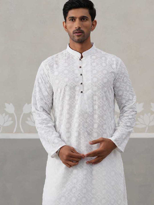 Embroidered Cotton Kurta with Pyjama ( ANMKP 258White )  [RT] [P-10]
