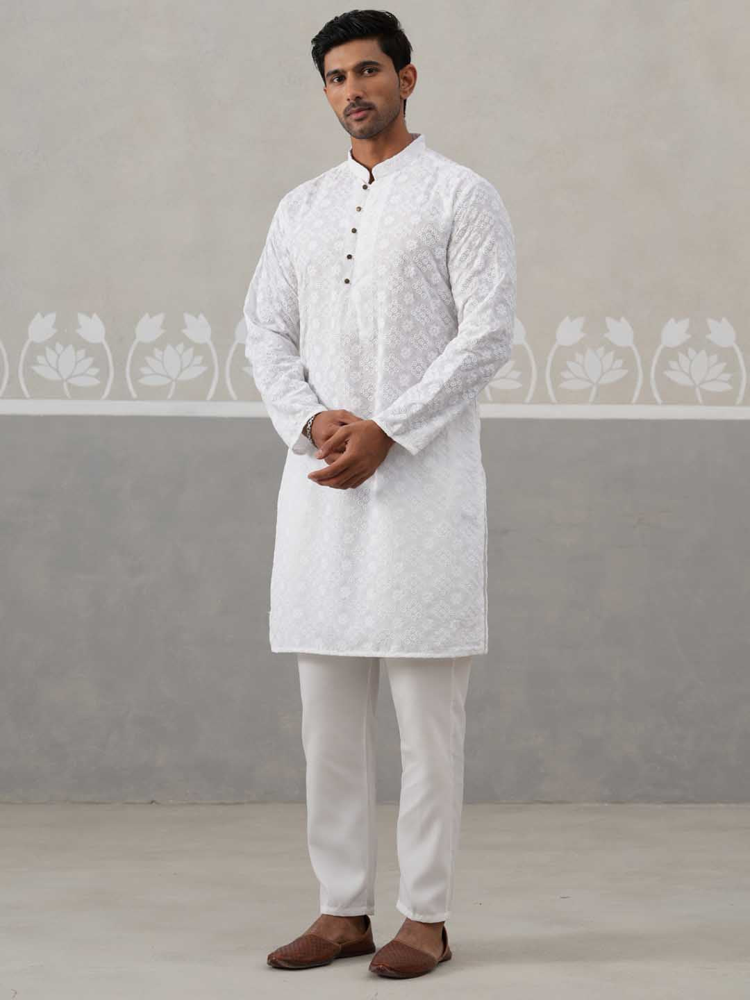 Embroidered Cotton Kurta with Pyjama ( ANMKP 258White )  [RT] [P-10]