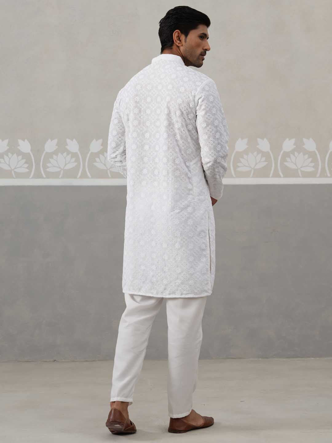 Embroidered Cotton Kurta with Pyjama ( ANMKP 258White )  [RT] [P-10]