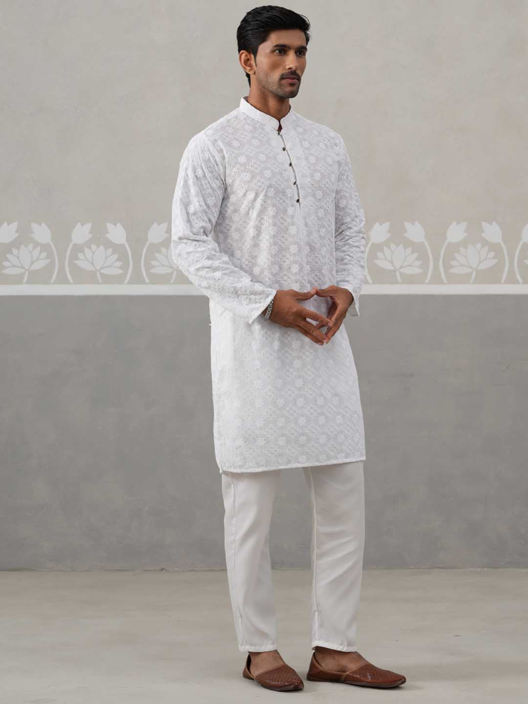 Embroidered Cotton Kurta with Pyjama ( ANMKP 258White )  [RT] [P-10]