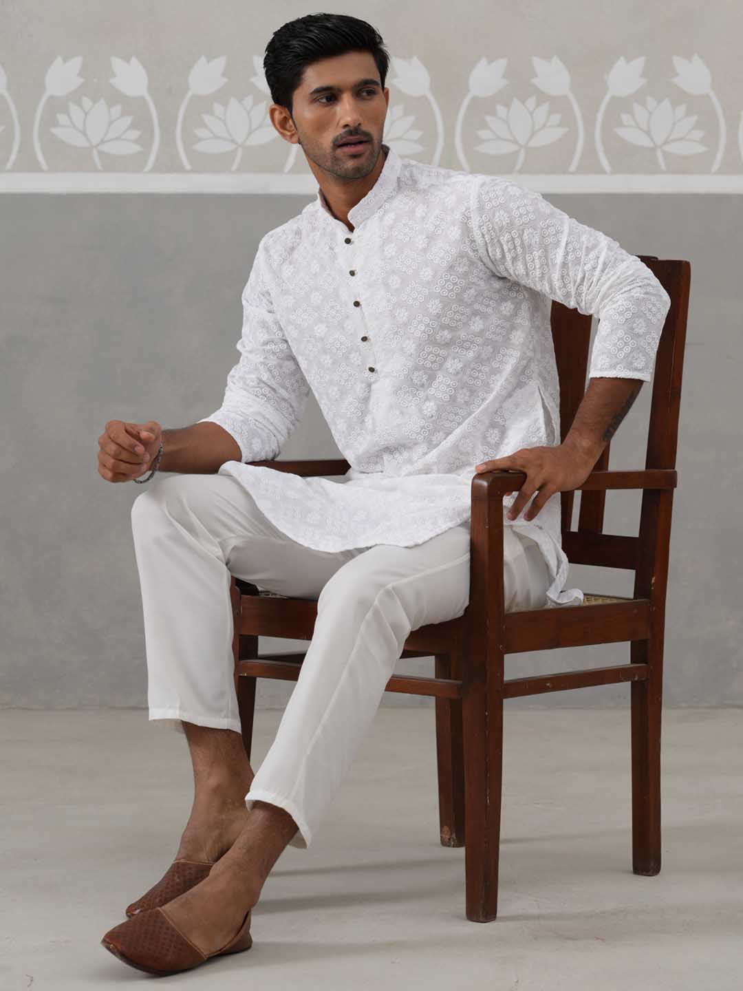 Embroidered Cotton Kurta with Pyjama ( ANMKP 258White )  [RT] [P-10]