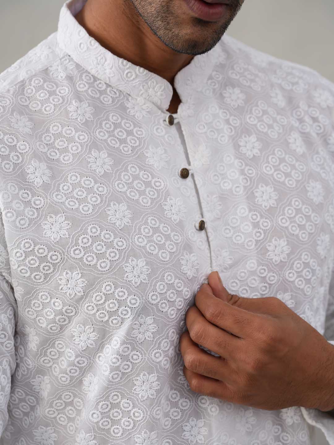 Embroidered Cotton Kurta with Pyjama ( ANMKP 258White )  [RT] [P-10]