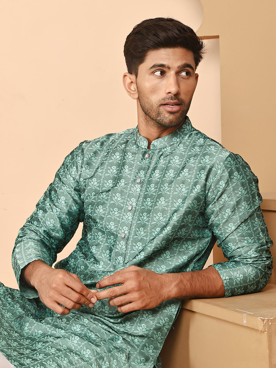 Silk Blend Woven Kurtas for Men ( ANMKO 262Green )  [RT] [P-11]
