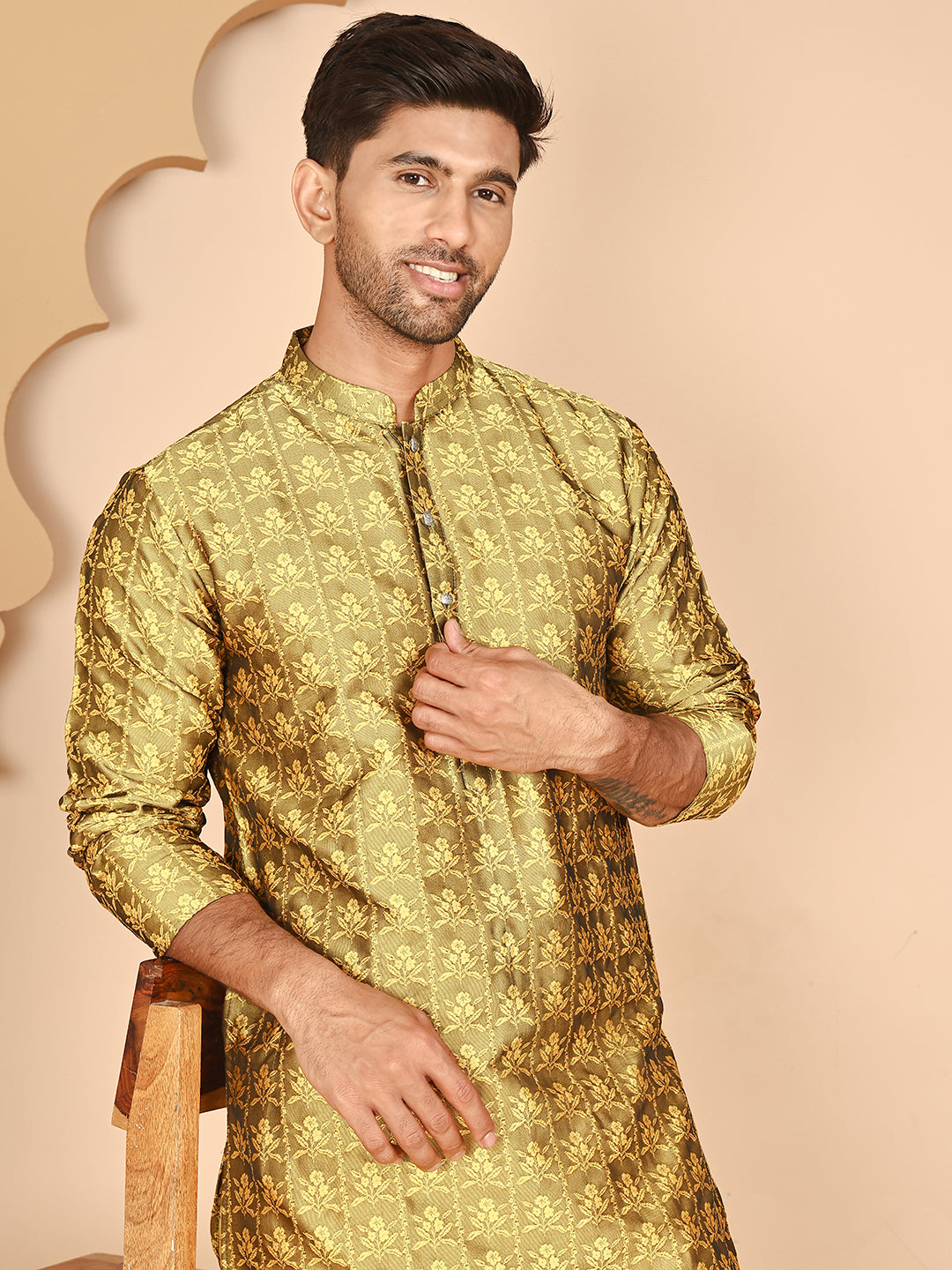 Silk Blend Woven Kurtas for Men ( ANMKO 262Mustard )  [RT] [P-11]
