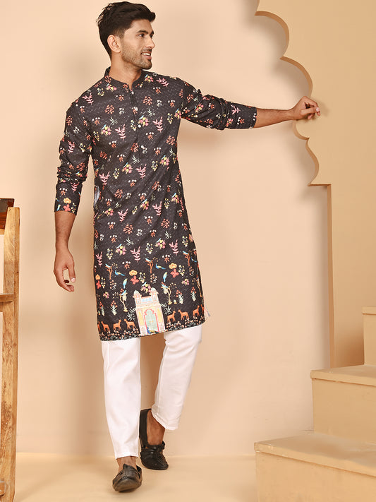 Floral Printed Black Kurtas for Men ( ANMKO 264Black )  [RT] [N-2]