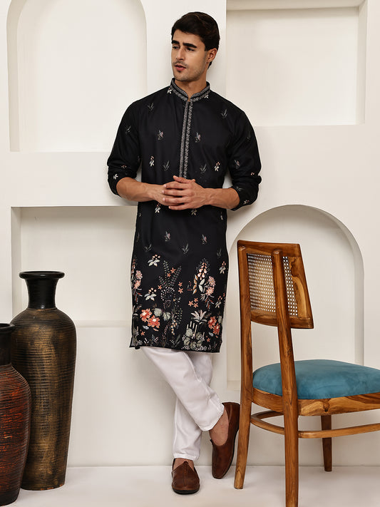 Printed Kurta with Floral Details ( ANMKO 267Black )  [RT] [C-4]