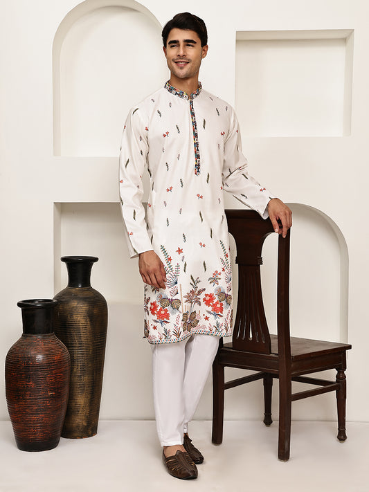 Printed Kurta with Floral Details ( ANMKO 267White )  [RT] [C-4]