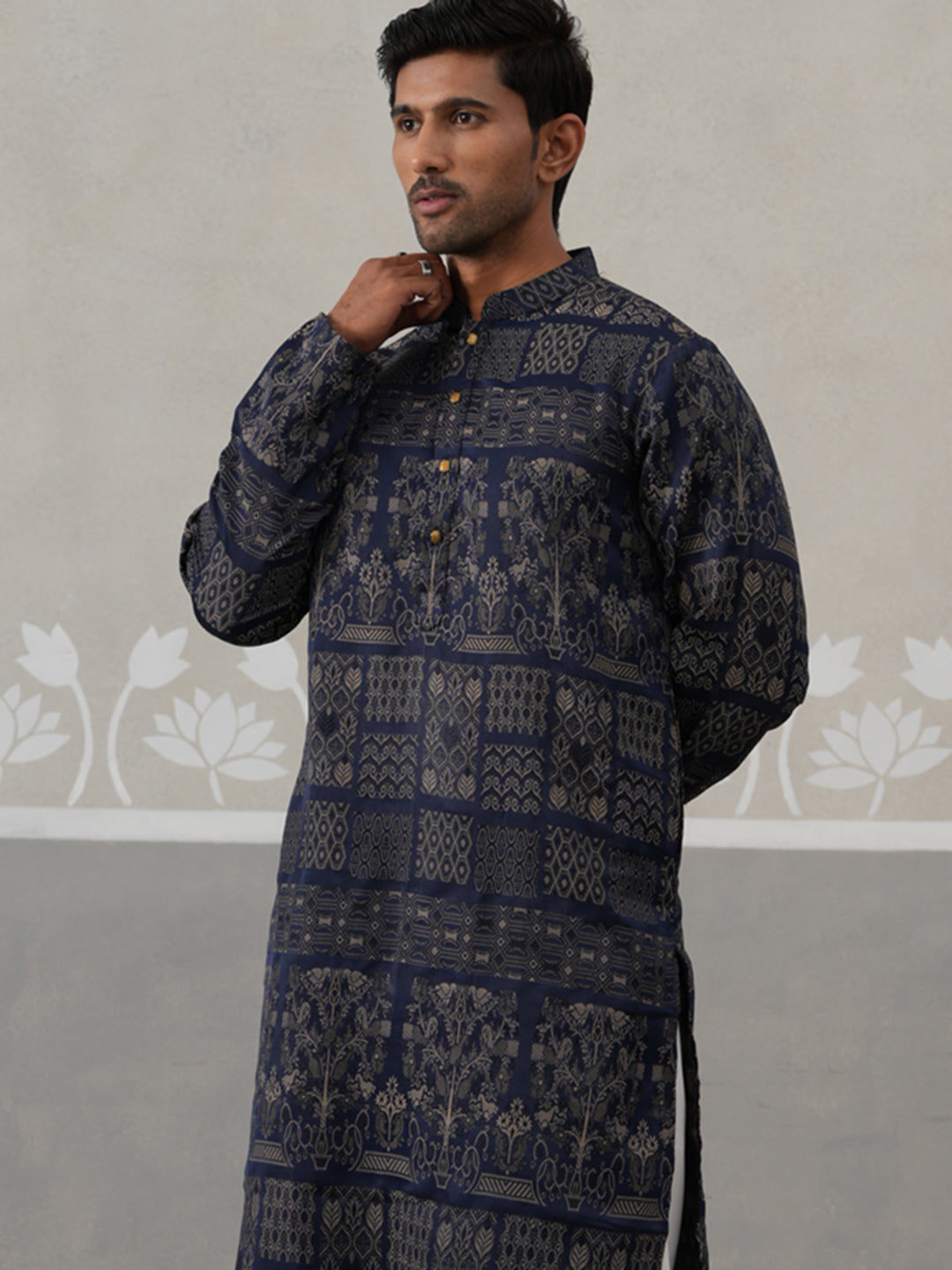 Navy Blue Woven Design Jacquard Kurta Pyjama Set ( ANMKP 271Navy )  [RT] [M-7]