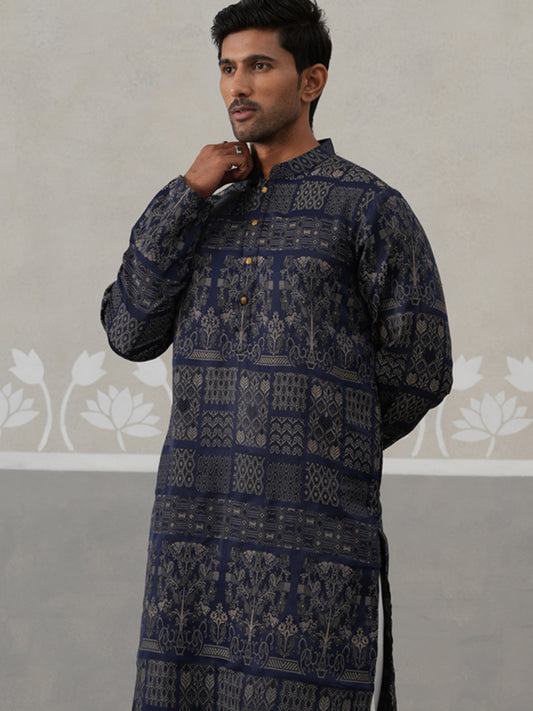 Navy Blue Woven Design Jacquard Kurta Pyjama Set ( ANMKP 271Navy )  [RT] [M-7]