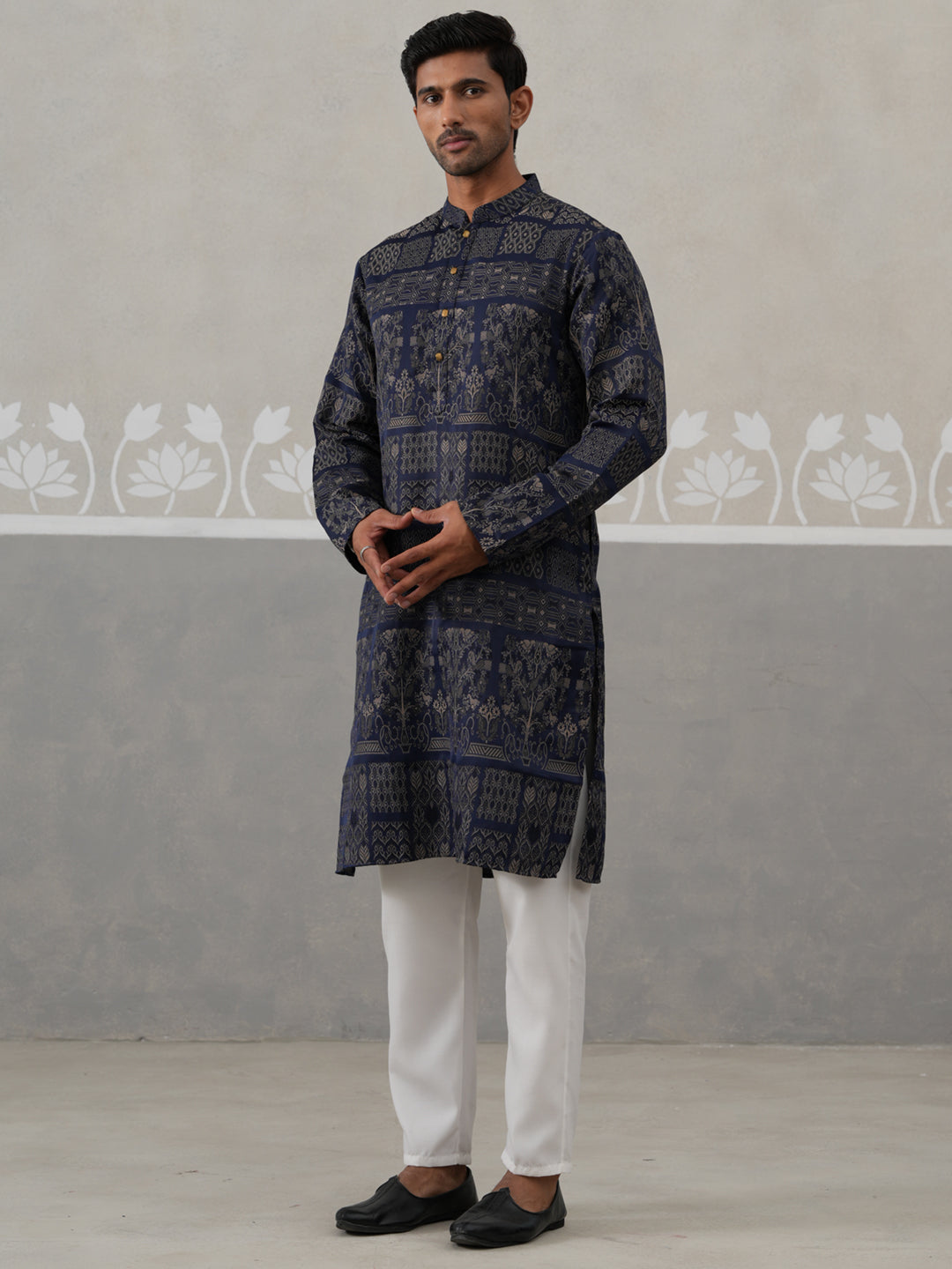 Navy Blue Woven Design Jacquard Kurta Pyjama Set ( ANMKP 271Navy )  [RT] [M-7]