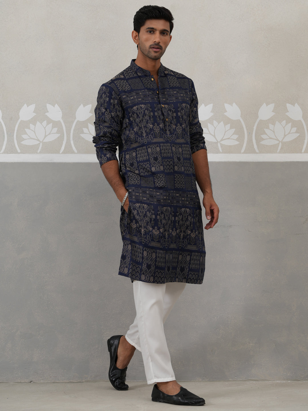 Navy Blue Woven Design Jacquard Kurta Pyjama Set ( ANMKP 271Navy )  [RT] [M-7]
