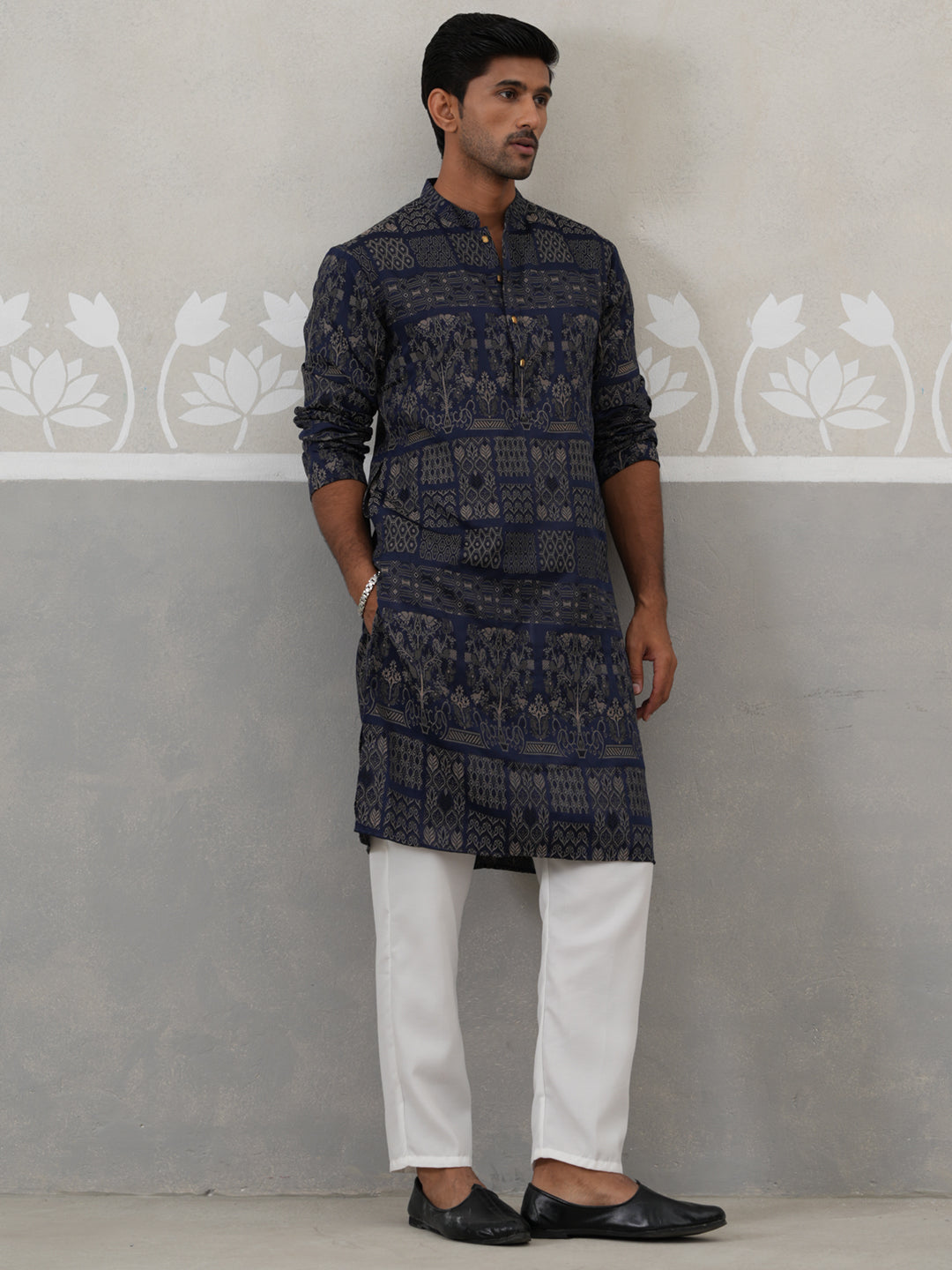 Navy Blue Woven Design Jacquard Kurta Pyjama Set ( ANMKP 271Navy )  [RT] [M-7]