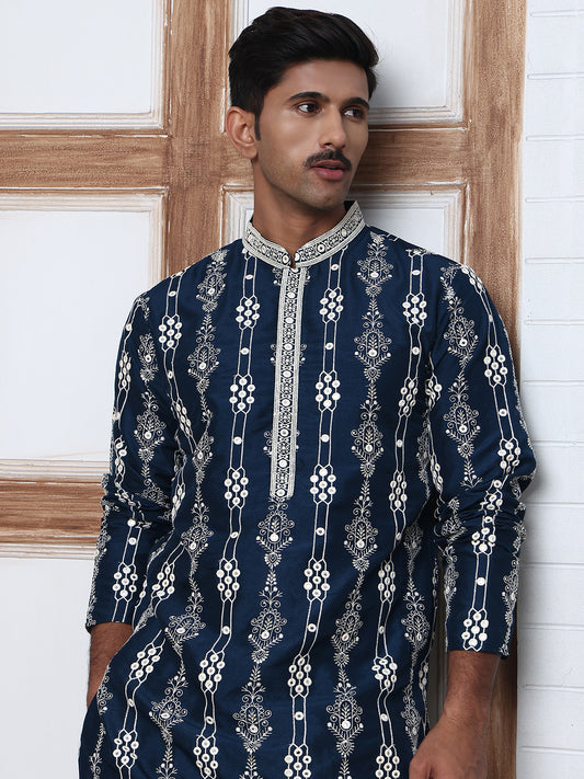 Festival Silk Blend Embroidered Kurta Pyjama ( ANMKP W 276Navy )