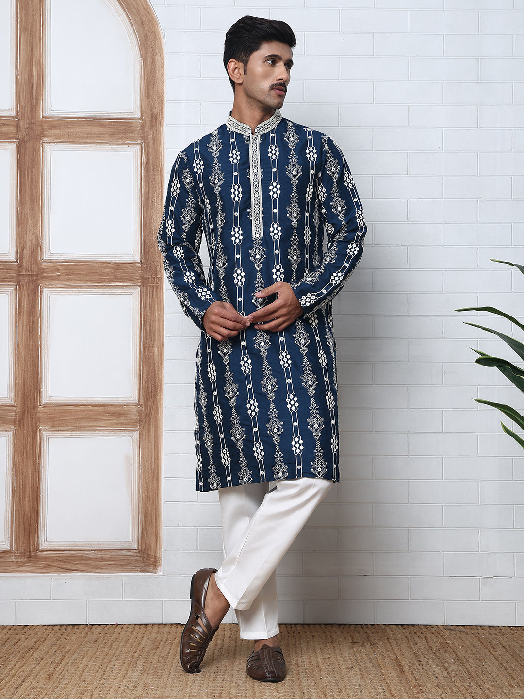 Festival Silk Blend Embroidered Kurta Pyjama ( ANMKP W 276Navy )