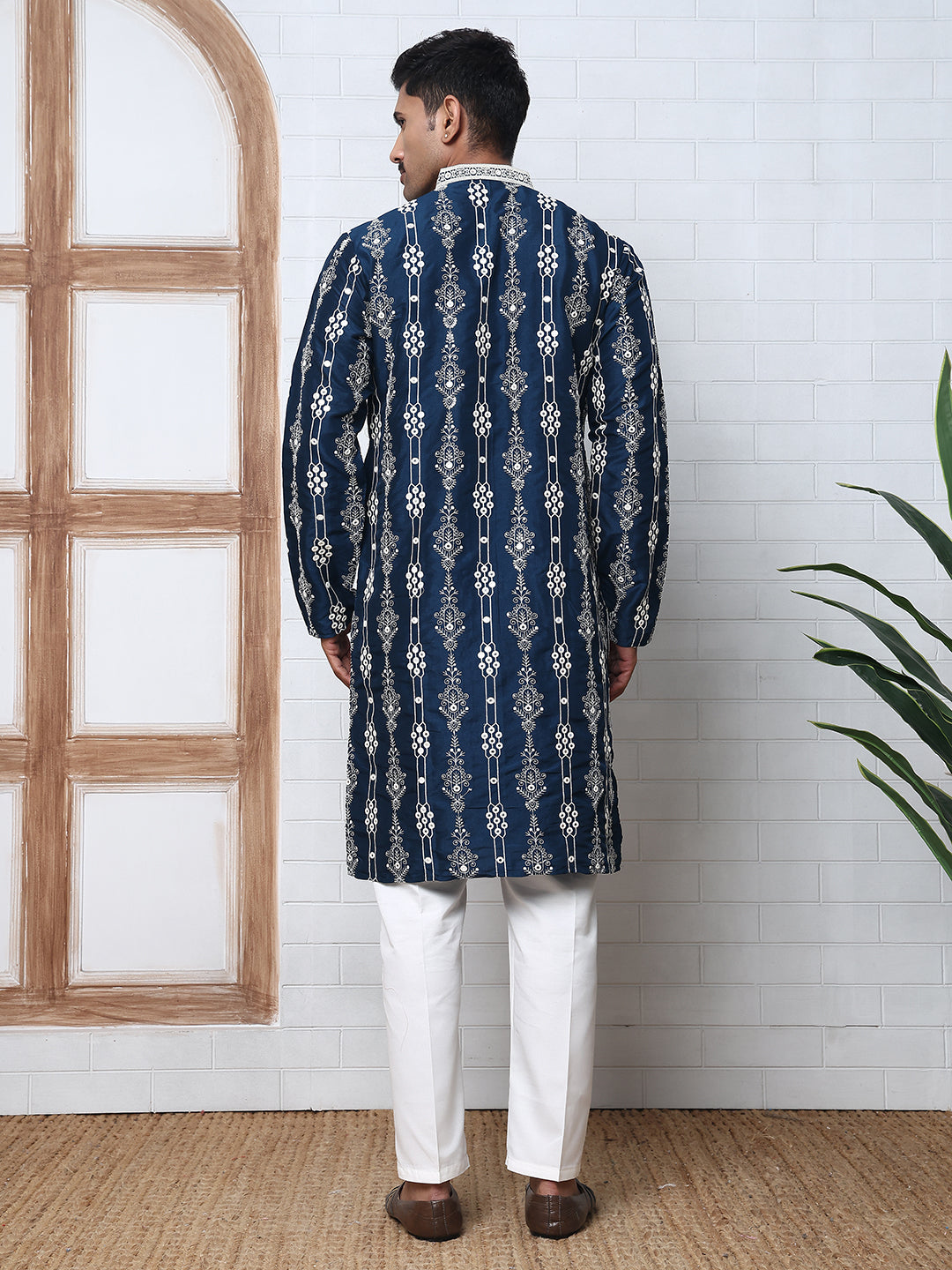 Festival Silk Blend Embroidered Kurta Pyjama ( ANMKP W 276Navy )